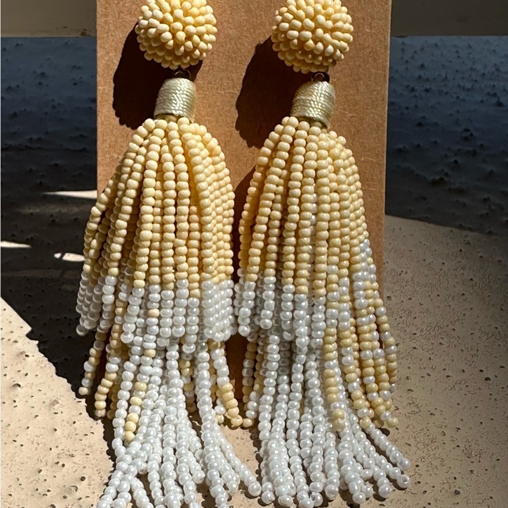 Beaded Tassel Drop Earrings - Cream and White